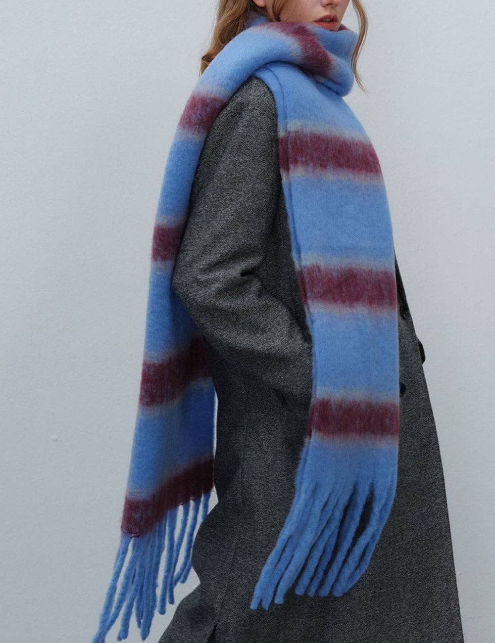 Color Block Striped Simple Tassel Knit Scarve