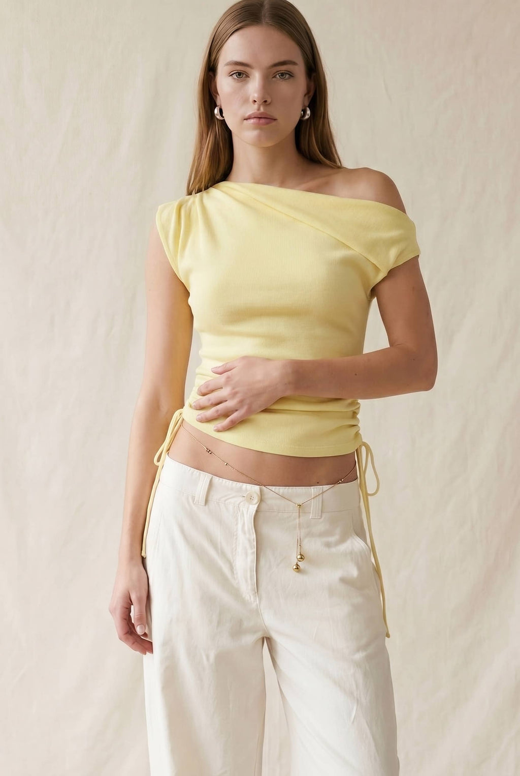 Draped One-Shoulder Side Ribbon Top
