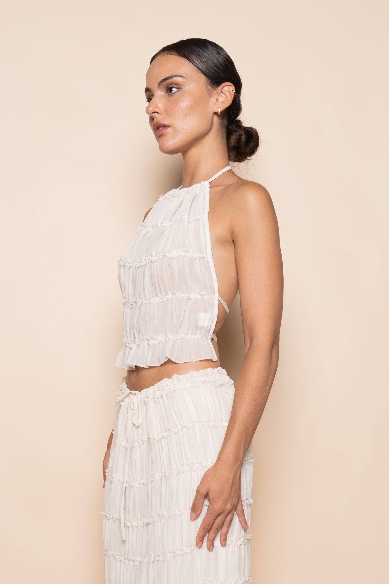 Tiered Ruched Backless Halter Top