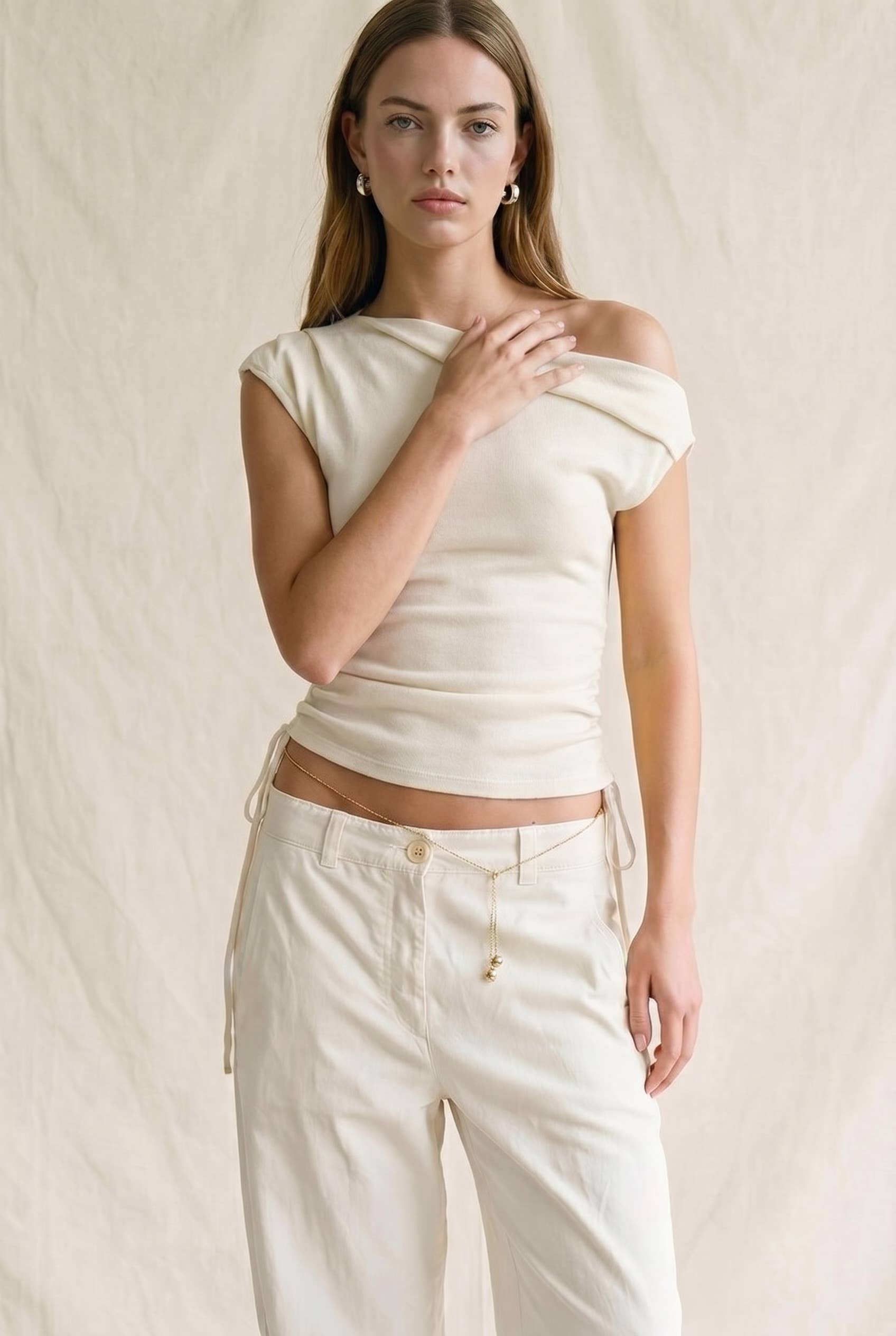 Draped One-Shoulder Side Ribbon Top