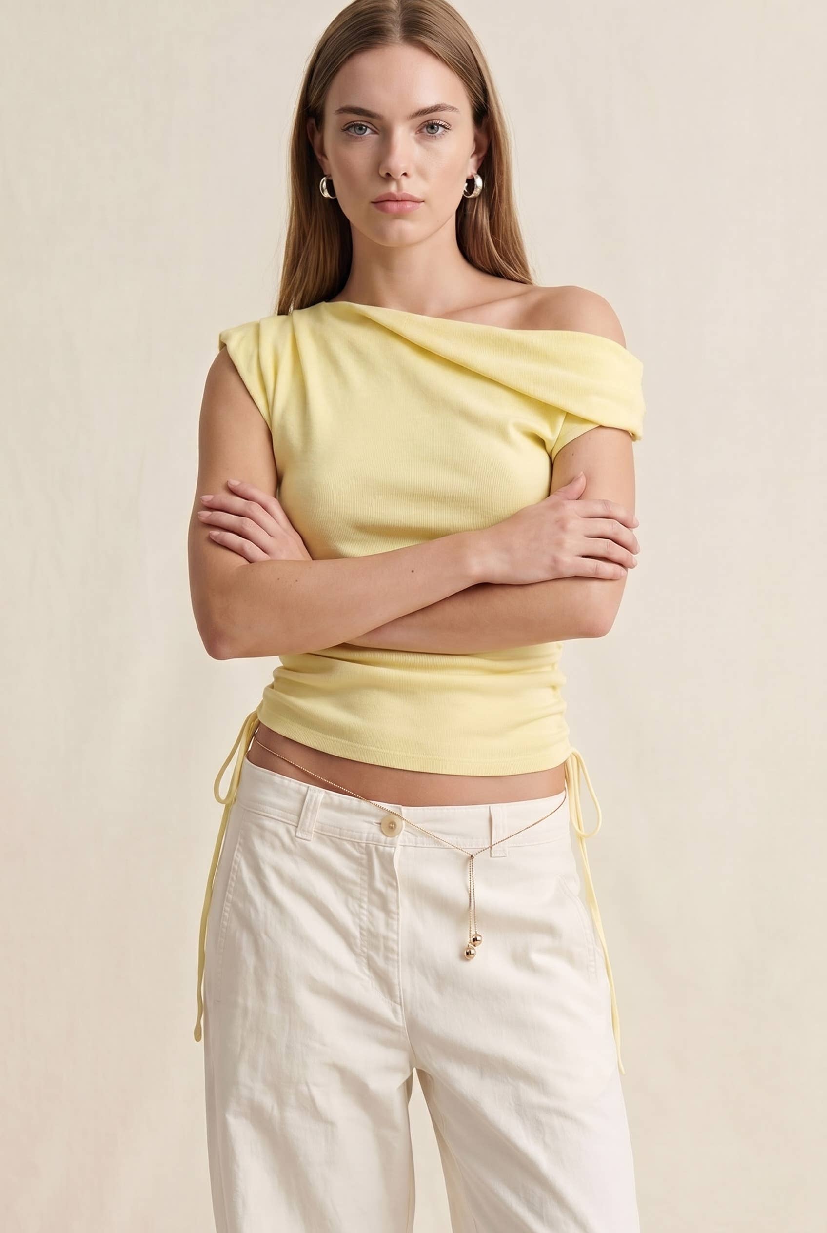 Draped One-Shoulder Side Ribbon Top