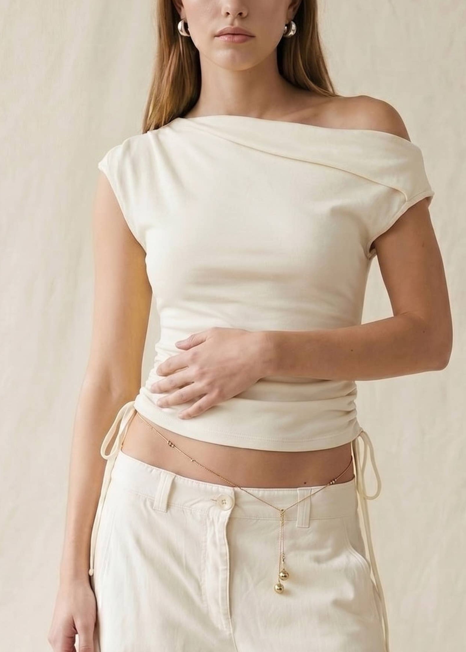 Draped One-Shoulder Side Ribbon Top